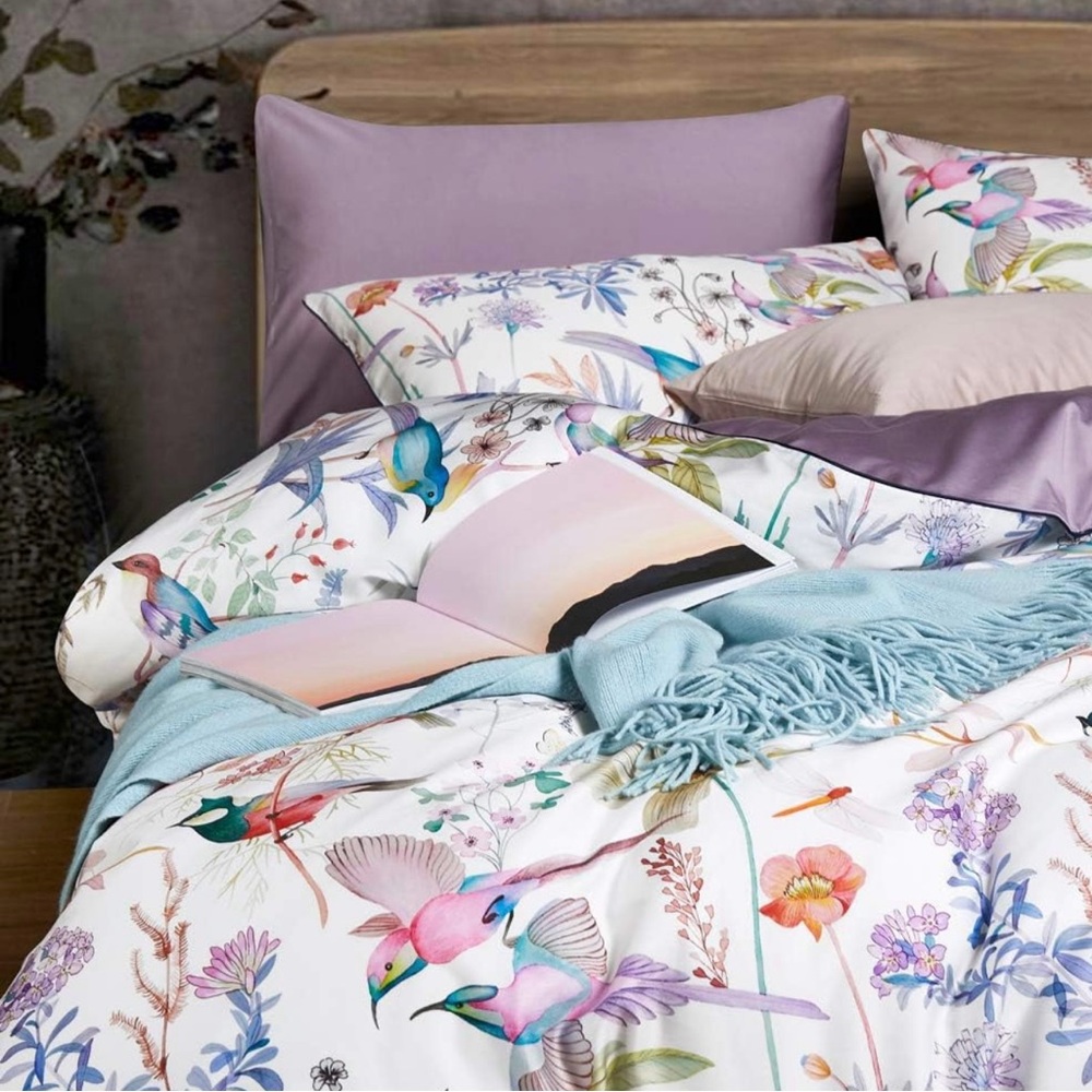 NEW Anthro Purple Floral Bird Boho Cotton Queen / King Bedding Duvet & Sham Set - Picture 6 of 13
